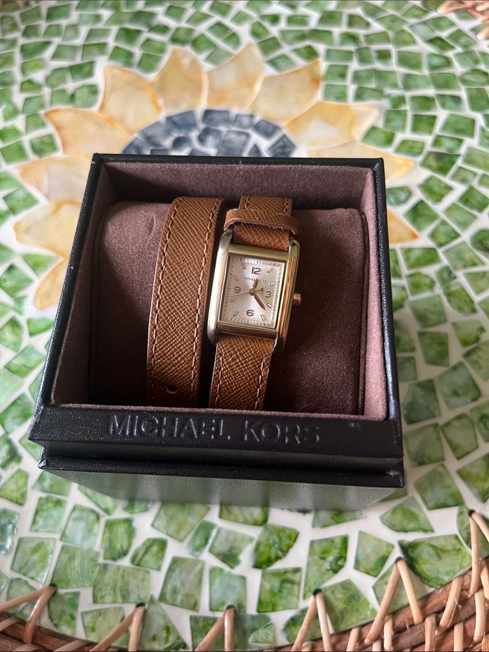 Michael Kors Gold-Tone Rectangle Watch with Brown Leather Strap